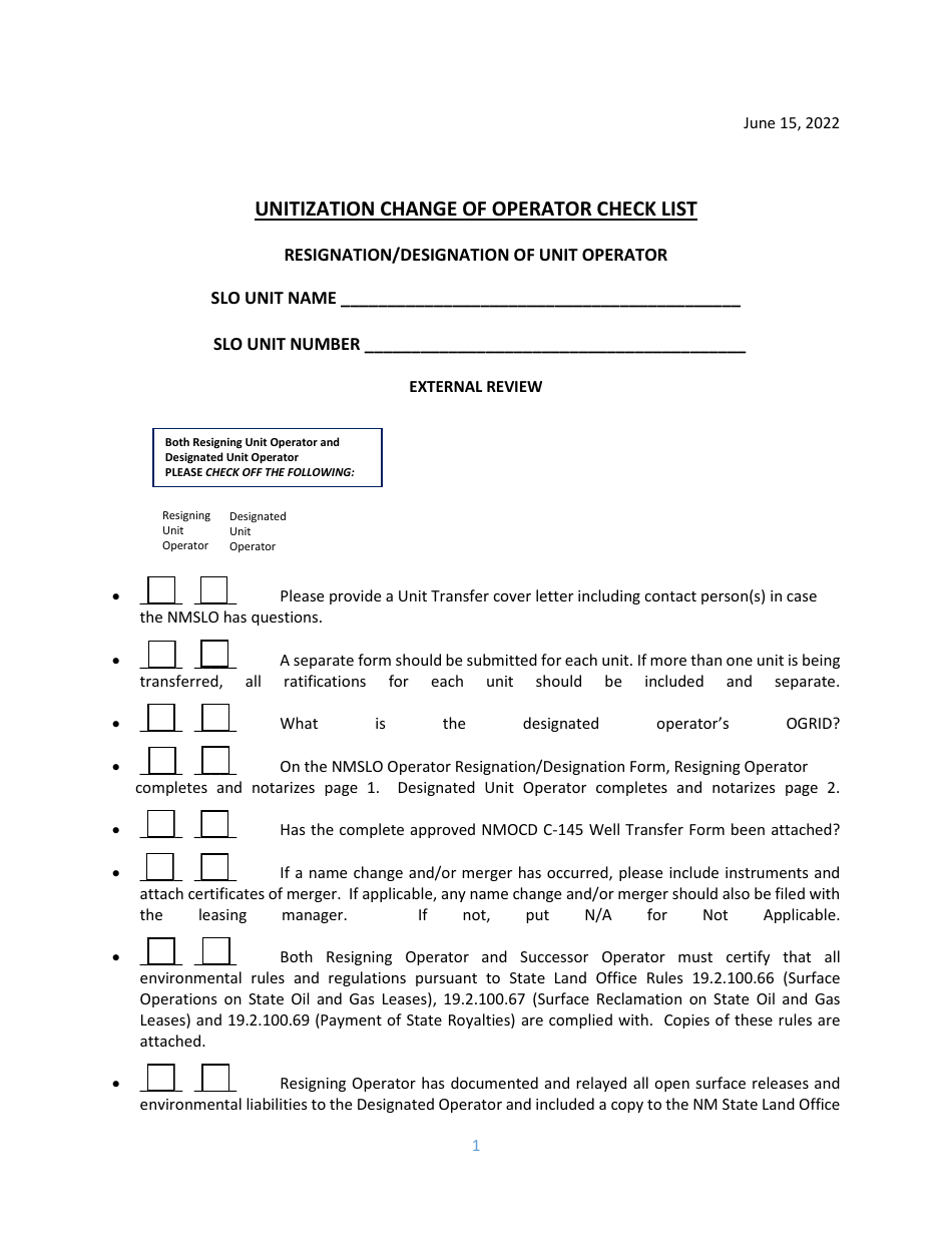 Unitization Change of Operator Check List - New Mexico, Page 1