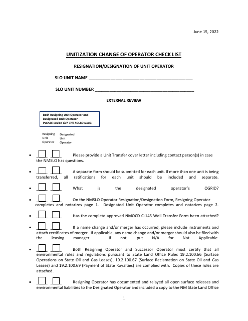 Unitization Change of Operator Check List - New Mexico Download Pdf