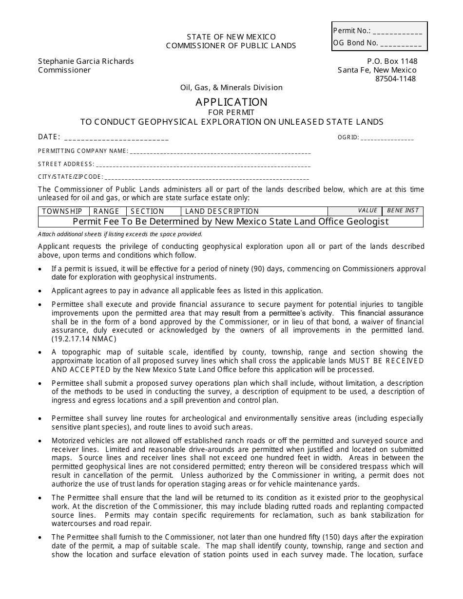 New Mexico Application for Permit to Conduct Geophysical Exploration on