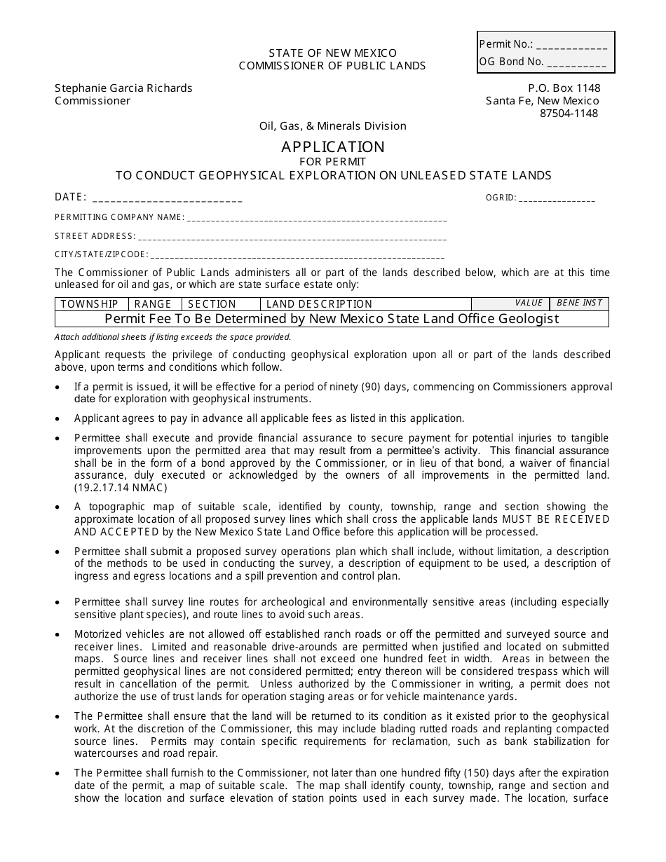 Application for Permit to Conduct Geophysical Exploration on Unleased State Lands - New Mexico, Page 1
