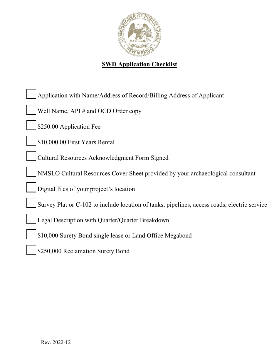 Swd Application Checklist - New Mexico, Page 1