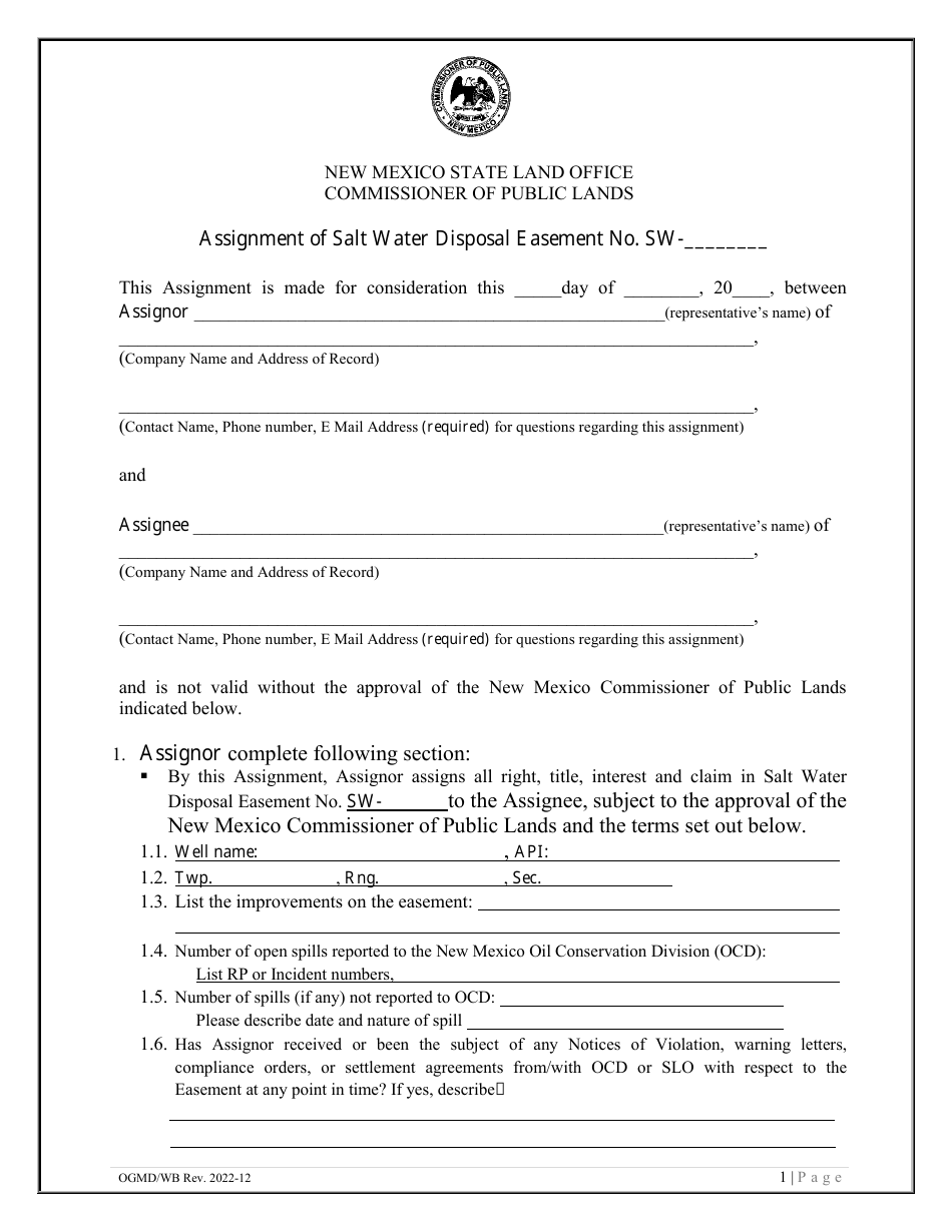 Assignment of Salt Water Disposal Easement - New Mexico, Page 1