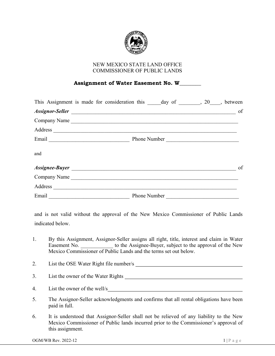 Assignment of Water Easement - New Mexico, Page 1