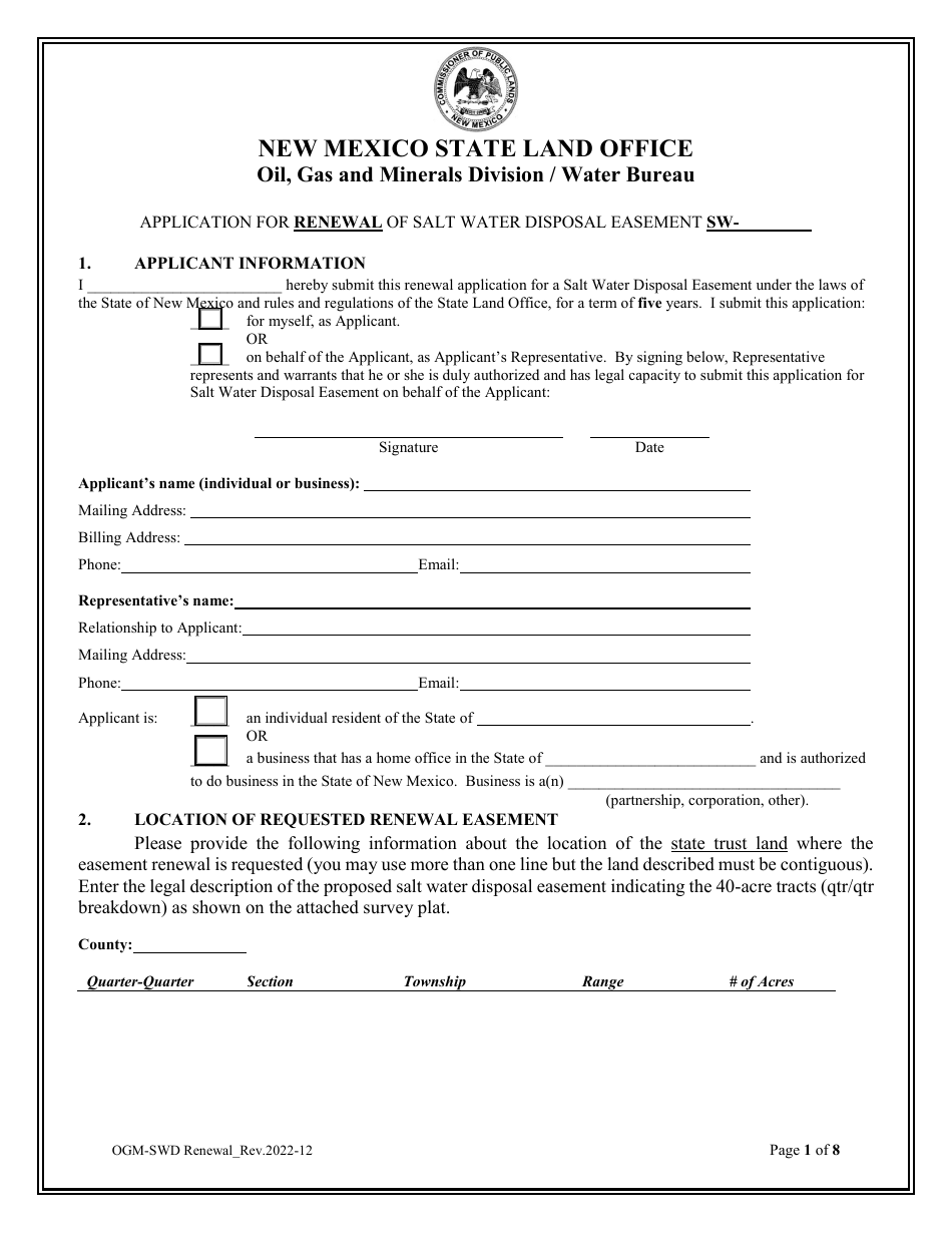 Application for Renewal of Salt Water Disposal Easement - New Mexico, Page 1
