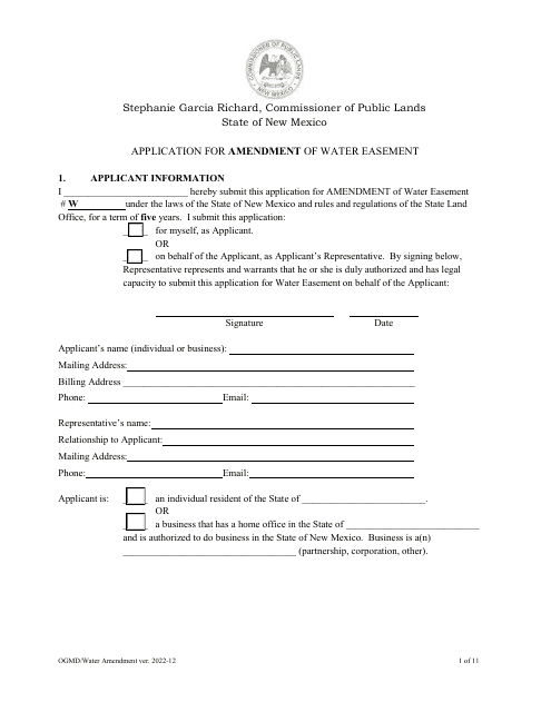 Application for Amendment of Water Easement - New Mexico
