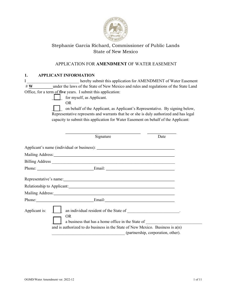 Application for Amendment of Water Easement - New Mexico, Page 1