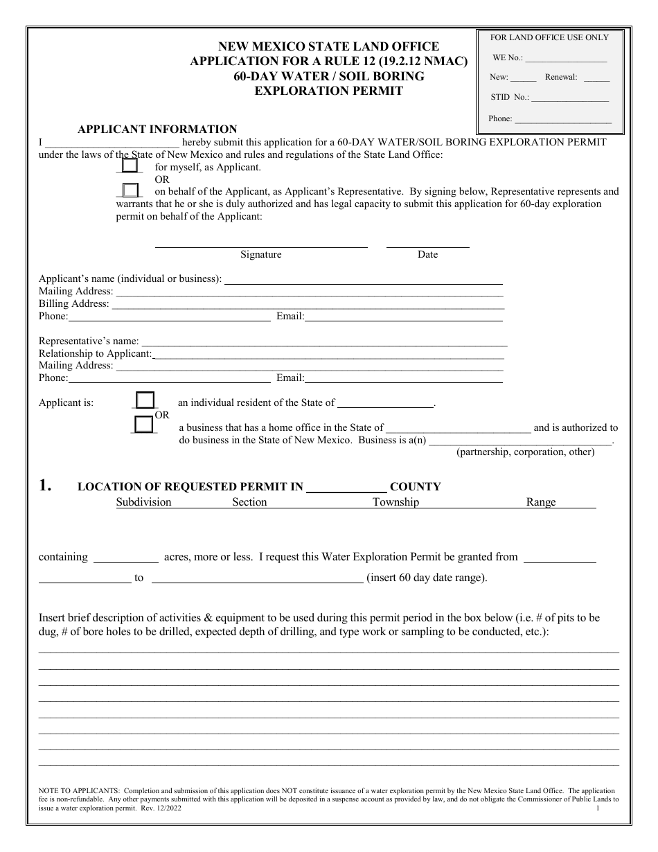 New Mexico Application For A Rule 12 19 2 12 Nmac 60 Day Water Soil   Application For A Rule 12 19 2 12 Nmac 60 Day Water Soil Boring Exploration Permit New Mexico Print Big 