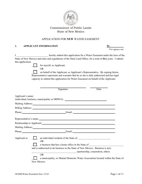 Application for New Water Easement - New Mexico Download Pdf