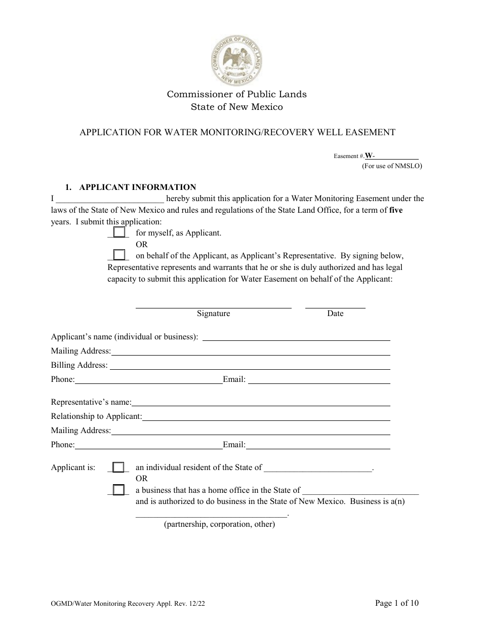 Application for Water Monitoring / Recovery Well Easement - New Mexico, Page 1