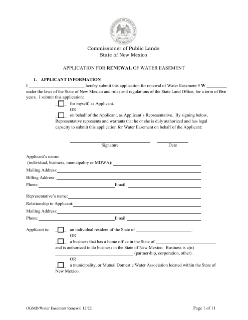 Application for Renewal of Water Easement - New Mexico