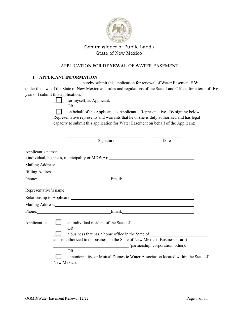 Application for Renewal of Water Easement - New Mexico, Page 1