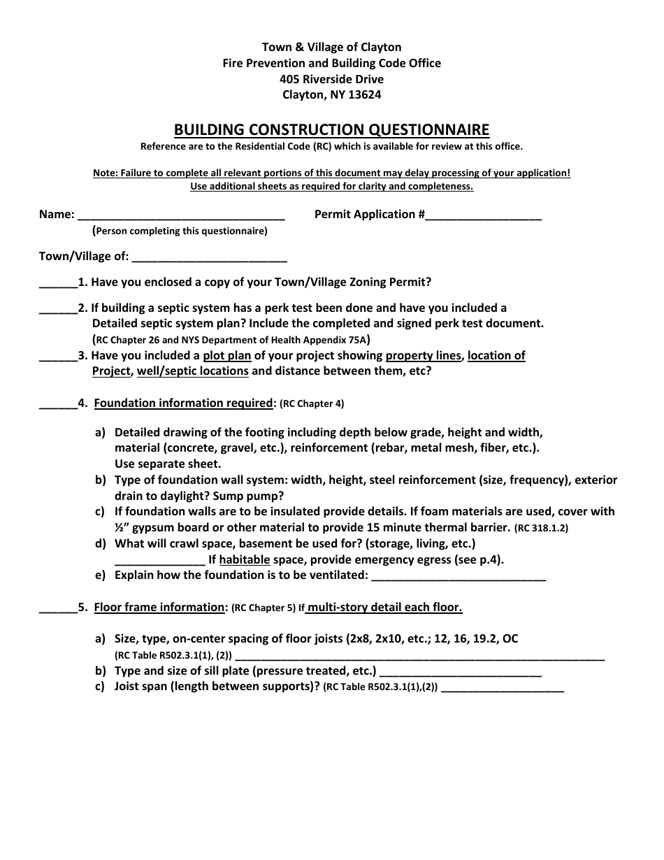 Town of Clayton, New York Building Construction Questionnaire Fill