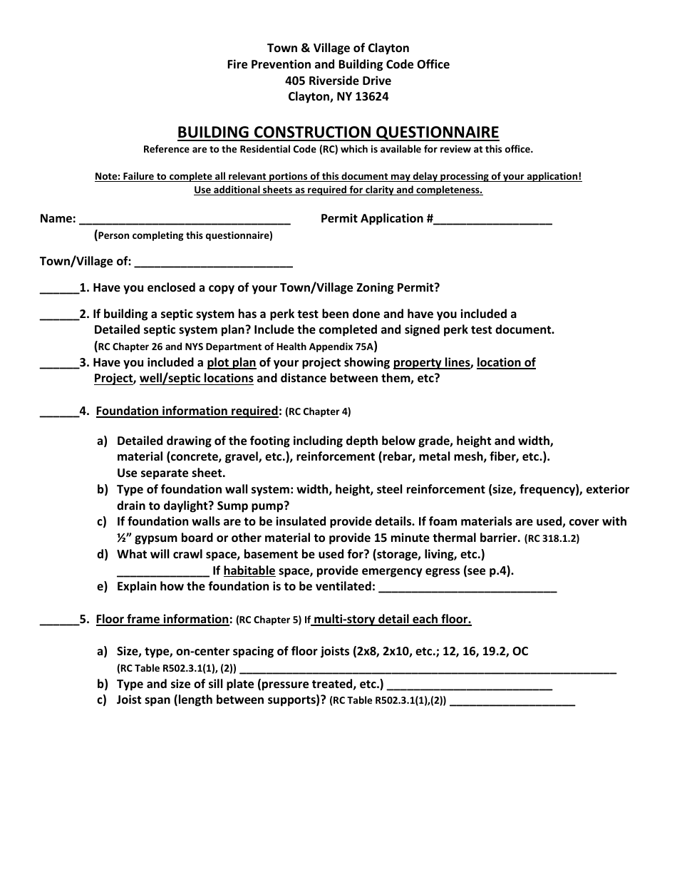 Building Construction Questionnaire - Town of Clayton, New York, Page 1