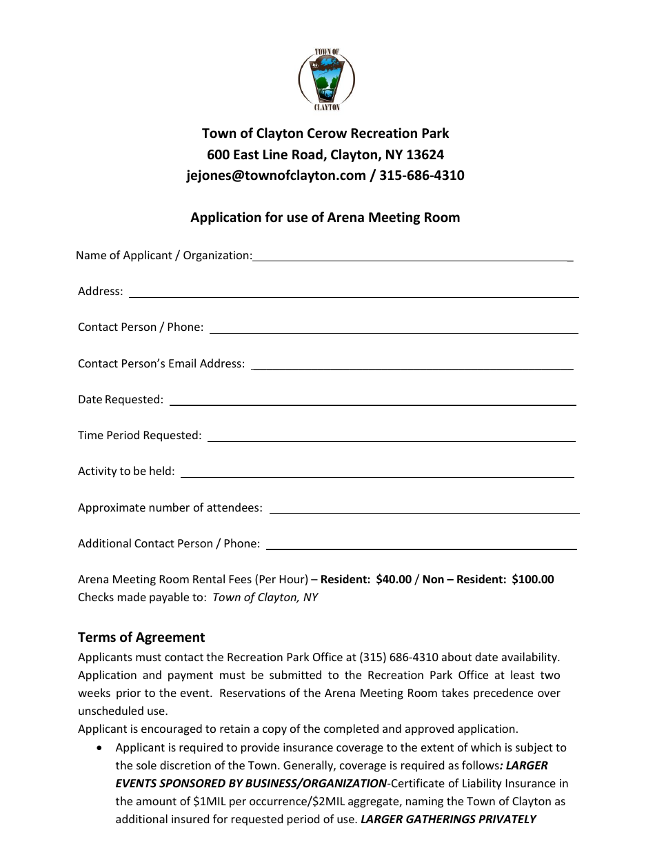 Application for Use of Arena Meeting Room - Town of Clayton, New York, Page 1