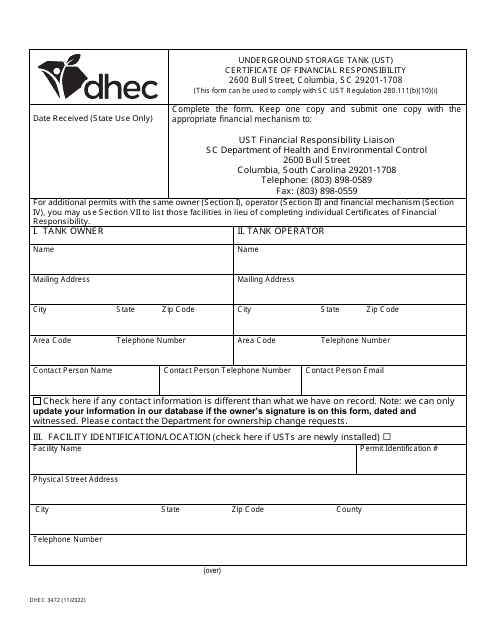 DHEC Form 3472  Printable Pdf