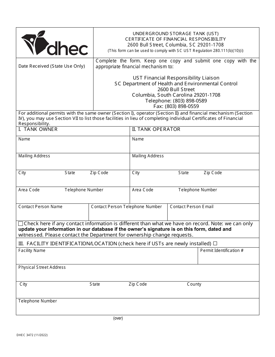 DHEC Form 3472 Certificate of Financial Responsibility - South Carolina, Page 1