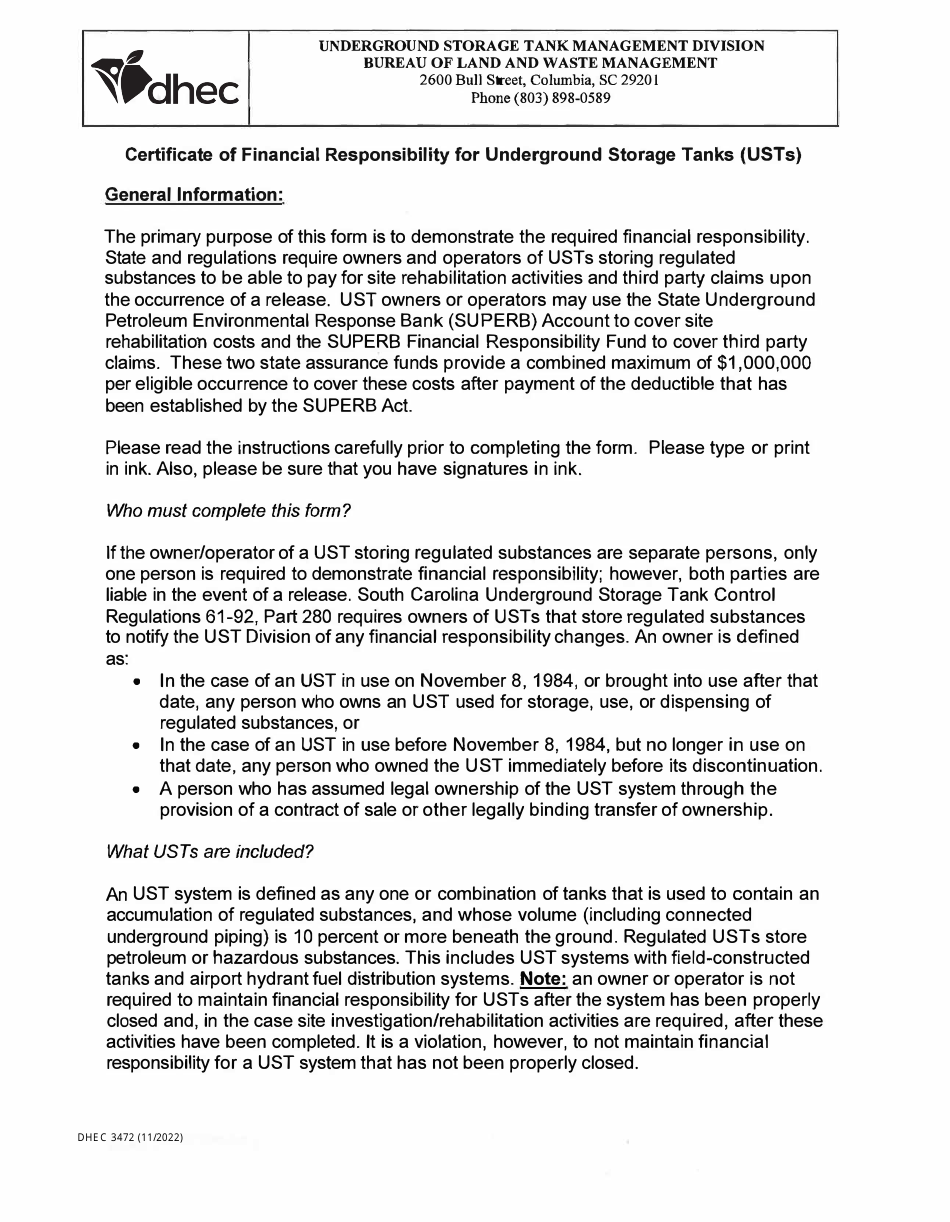 DHEC Form 3472 Certificate of Financial Responsibility - South Carolina, Page 4