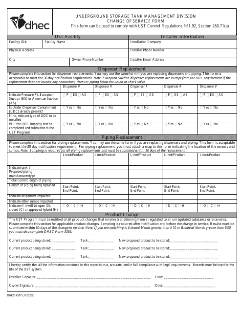 DHEC Form 4377 Change of Service Form - South Carolina