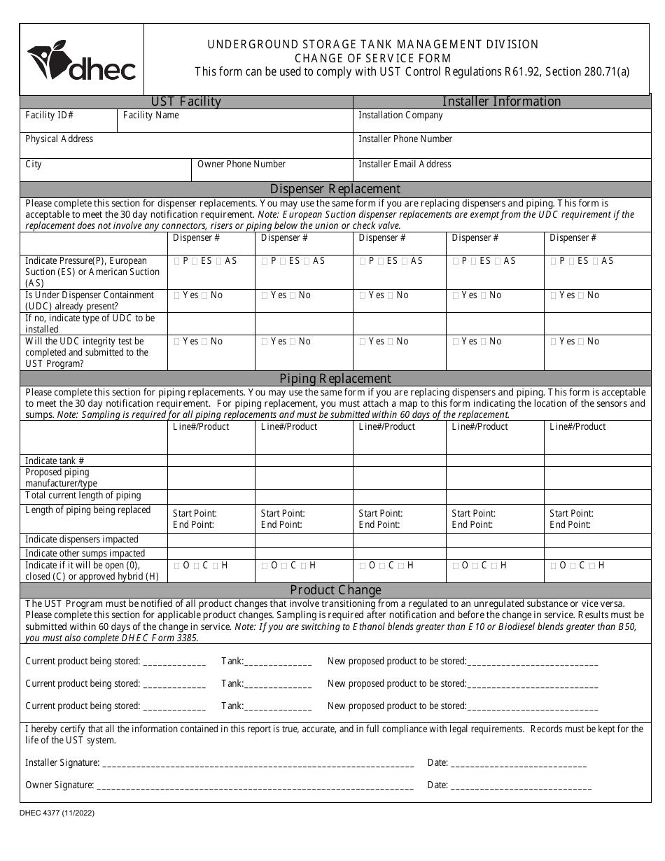 DHEC Form 4377 Change of Service Form - South Carolina, Page 1