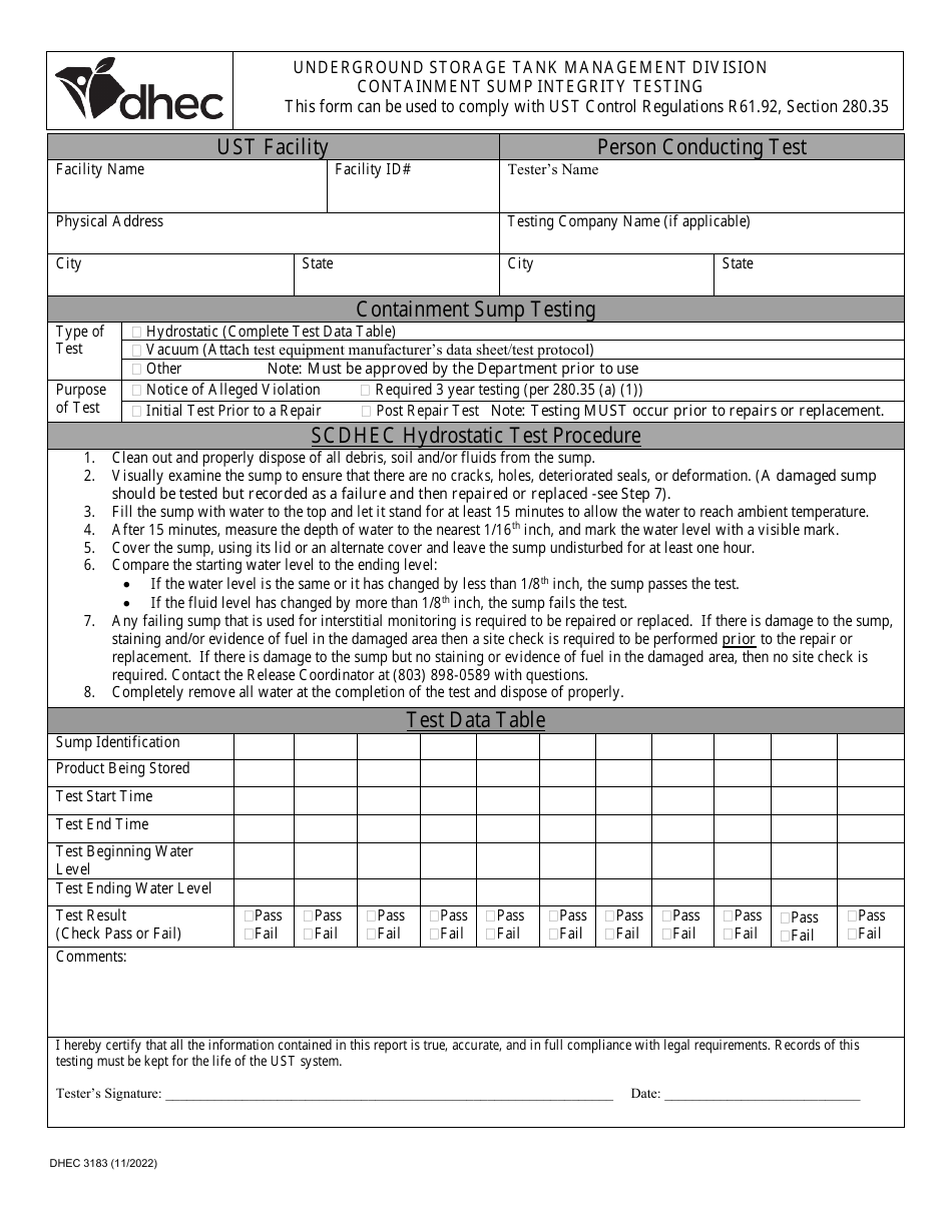 DHEC Form 3183 Containment Sump Integrity Testing - South Carolina, Page 1