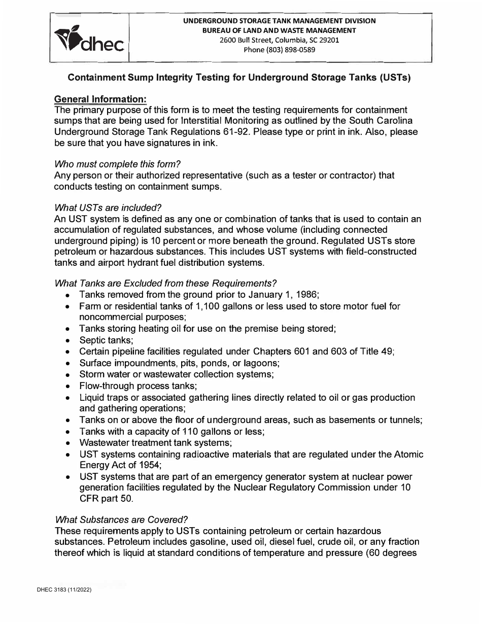 DHEC Form 3183 Containment Sump Integrity Testing - South Carolina, Page 2