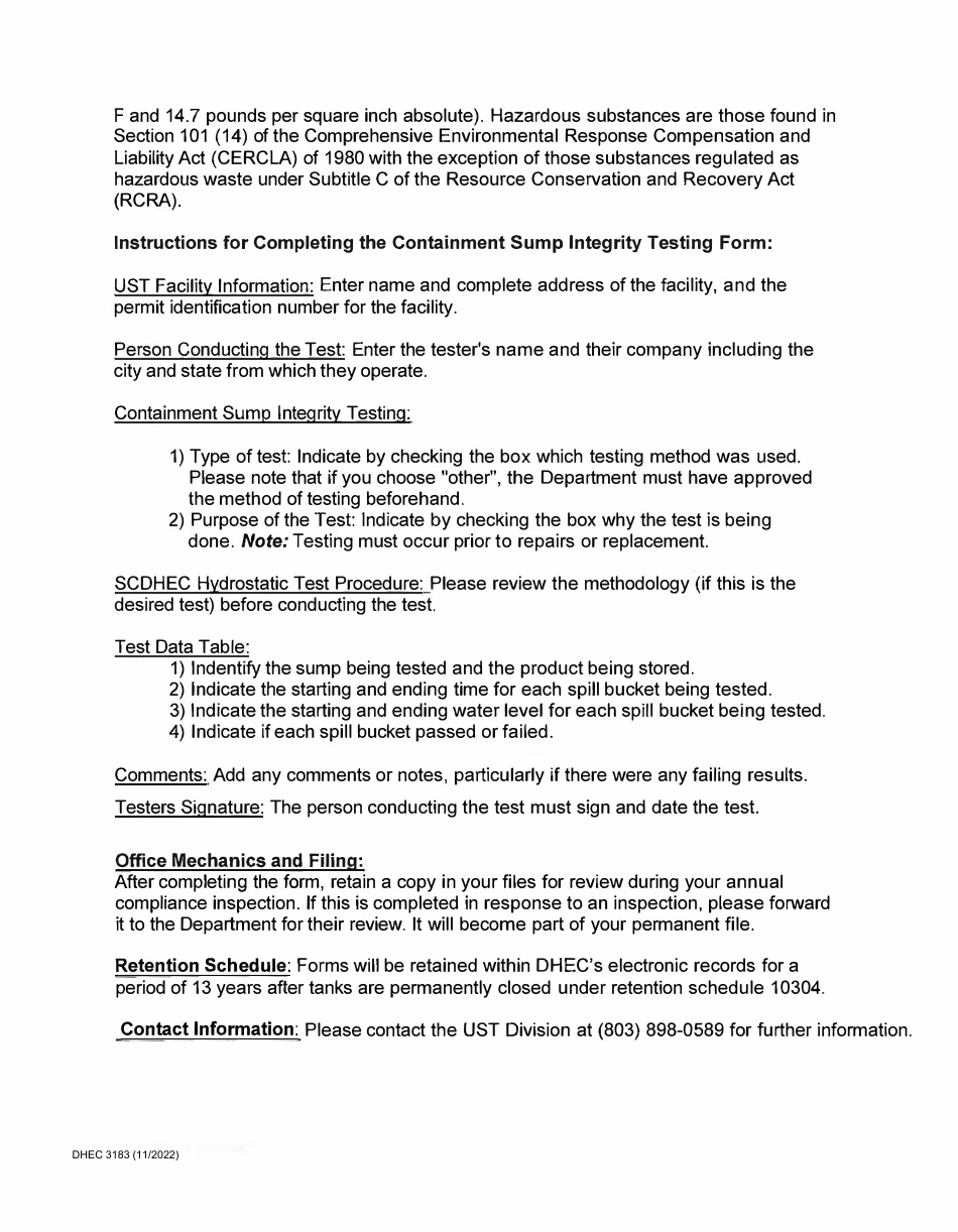 DHEC Form 3183 Containment Sump Integrity Testing - South Carolina, Page 3