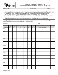 DHEC Form 4381 Monthly Dispenser Inspection Log - South Carolina