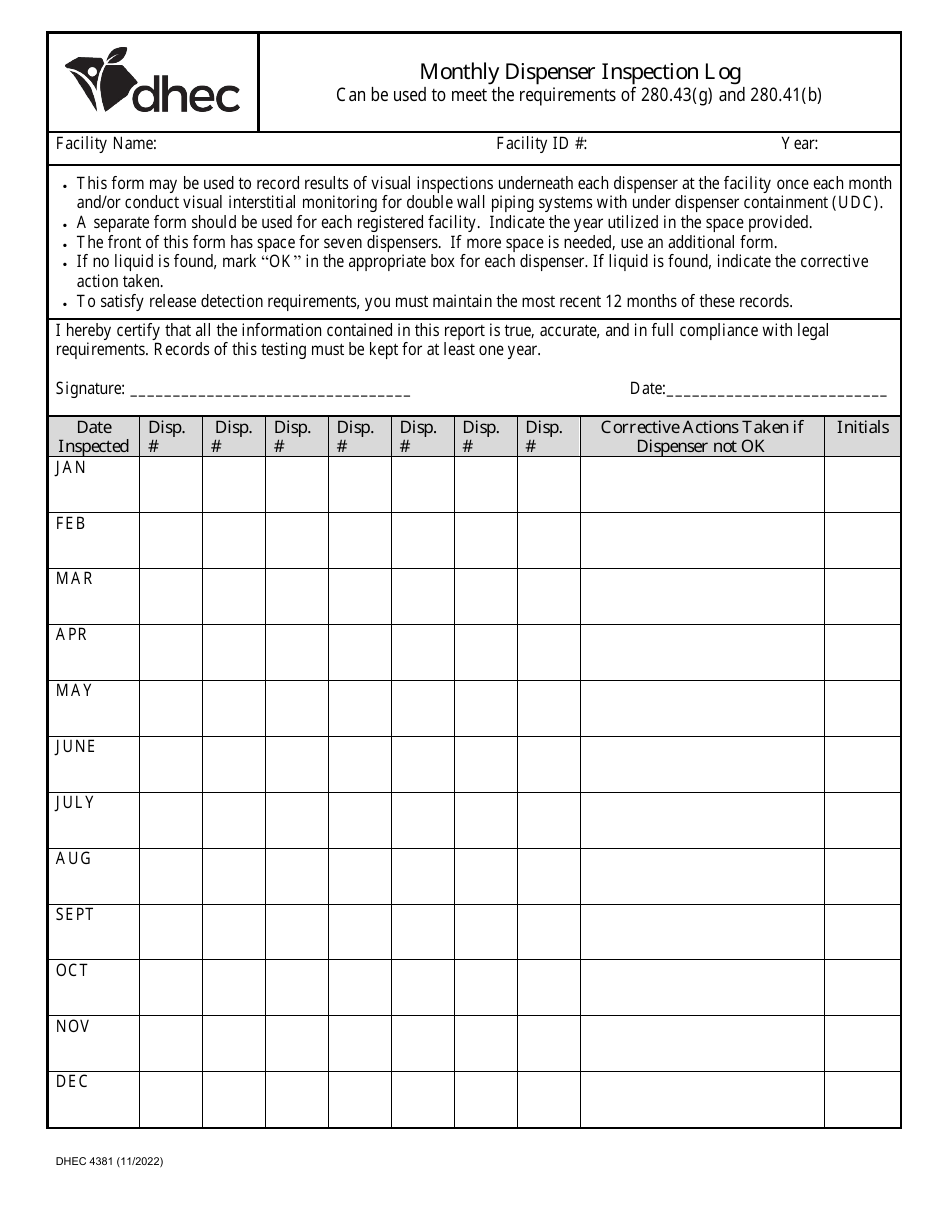 DHEC Form 4381 Monthly Dispenser Inspection Log - South Carolina, Page 1