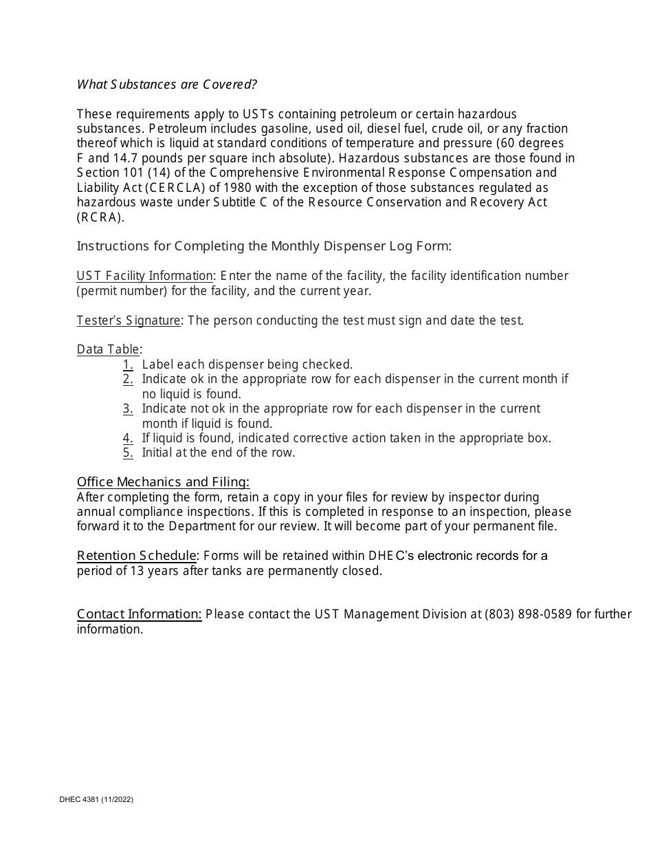 DHEC Form 4381 Monthly Dispenser Inspection Log - South Carolina, Page 3