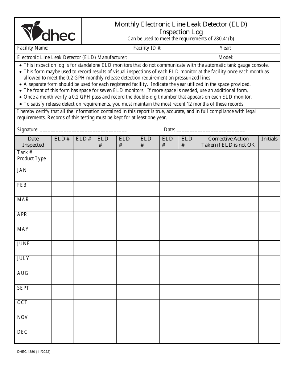 DHEC Form 4380 Monthly Electronic Line Leak Detector (Eld) Inspection Log - South Carolina, Page 1