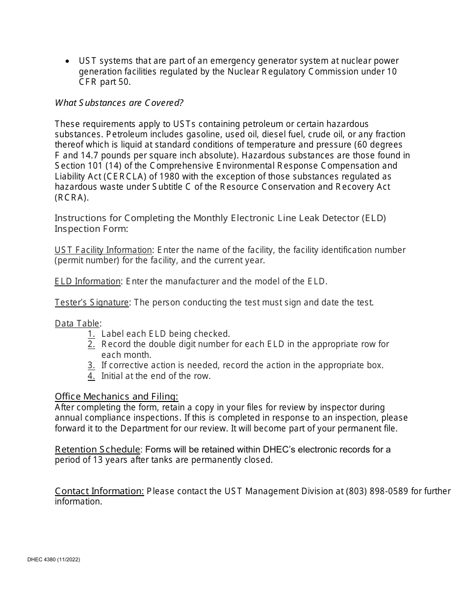 DHEC Form 4380 Monthly Electronic Line Leak Detector (Eld) Inspection Log - South Carolina, Page 3