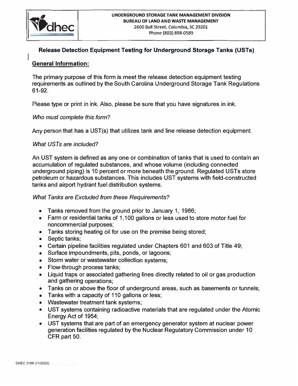 DHEC Form 3188 Release Detection Equipment Testing - South Carolina, Page 3