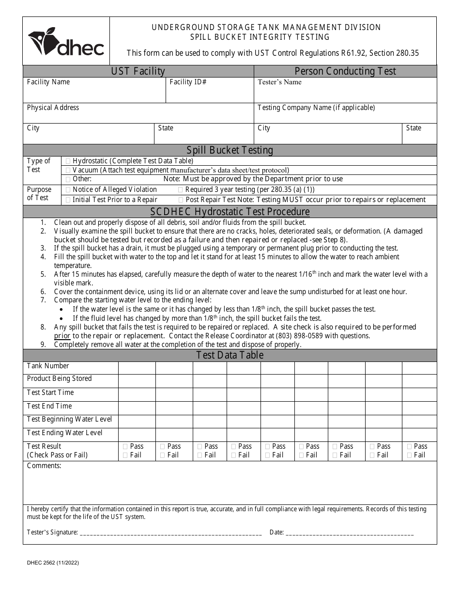 DHEC Form 2562 Spill Bucket Integrity Testing - South Carolina, Page 1