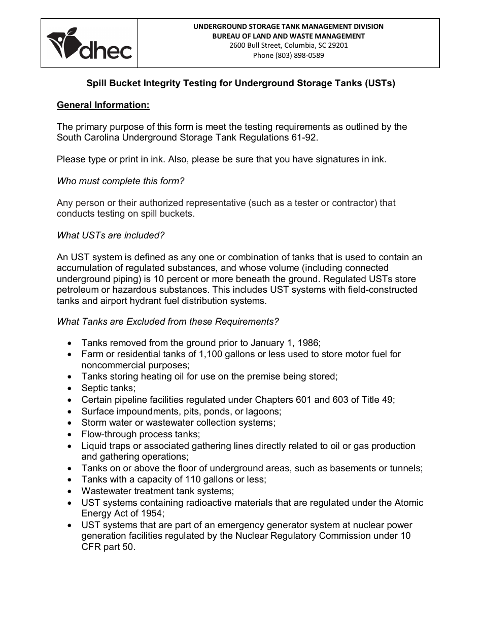 DHEC Form 2562 Spill Bucket Integrity Testing - South Carolina, Page 2
