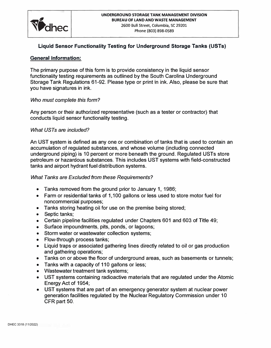 DHEC Form 3318 Liquid Sensor Functionality Testing - South Carolina, Page 2