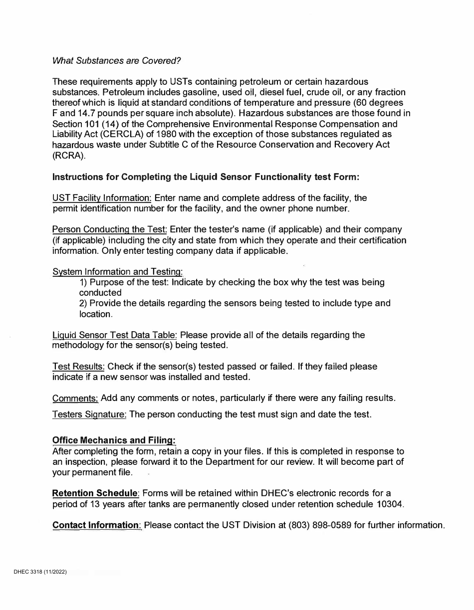 DHEC Form 3318 Liquid Sensor Functionality Testing - South Carolina, Page 3