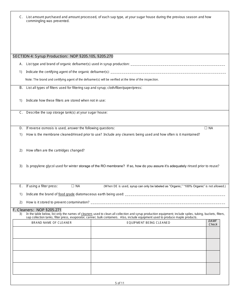 Organic System Plan (Osp) - Maple Products - New Hampshire, Page 5
