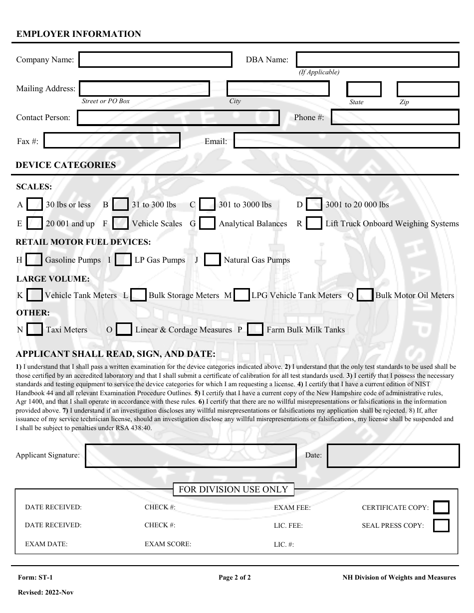Form ST-1 Application for Service Technician Exam and License - New Hampshire, Page 2
