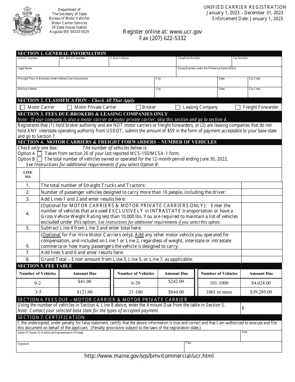 2023 Maine Unified Carrier Registration Download Printable PDF