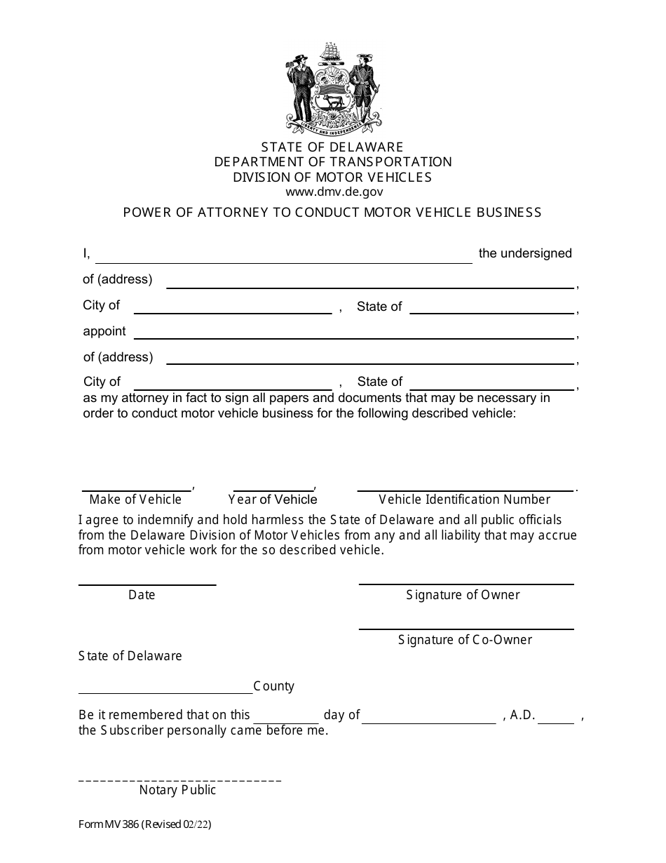 Form MV386 Power of Attorney to Conduct Motor Vehicle Business - Delaware, Page 1