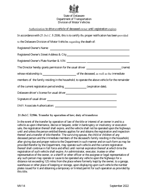 Form MV14 Authorization to Drive a Vehicle of Deceased Owner Until Registration Expires - Delaware