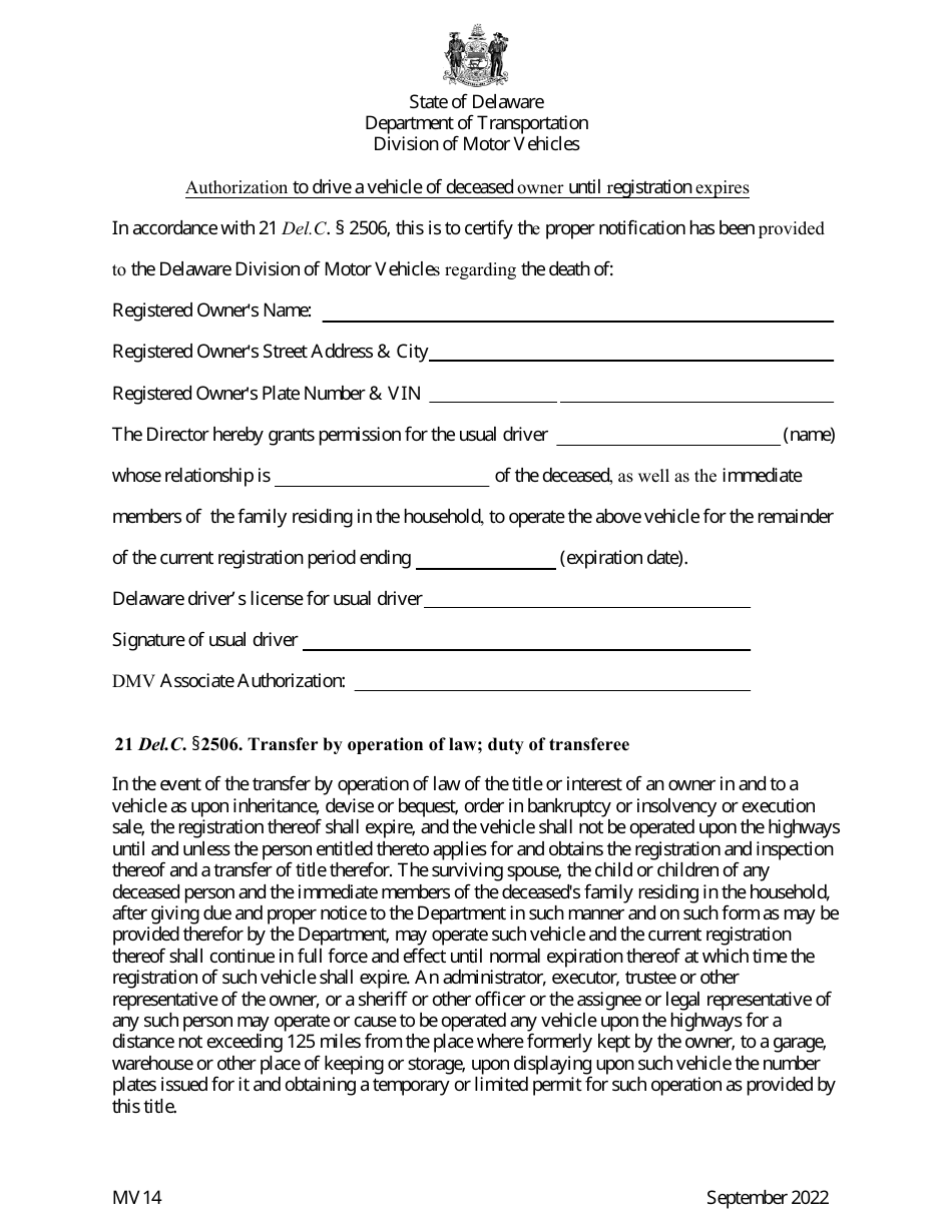 Form MV14 Authorization to Drive a Vehicle of Deceased Owner Until Registration Expires - Delaware, Page 1