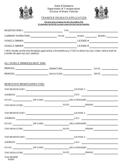 Form MV2025 Transfer on Death Application - Delaware