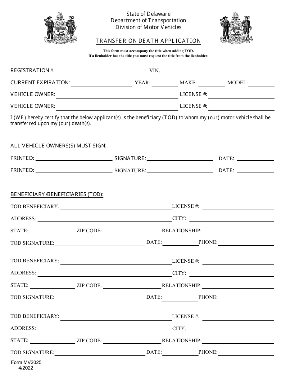 Form MV2025 Transfer on Death Application - Delaware, Page 1