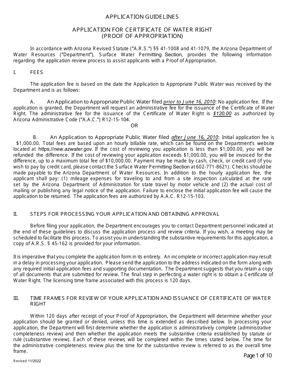 Application for Certificate of Water Right (Proof of Appropriation) of Water - Arizona, Page 1