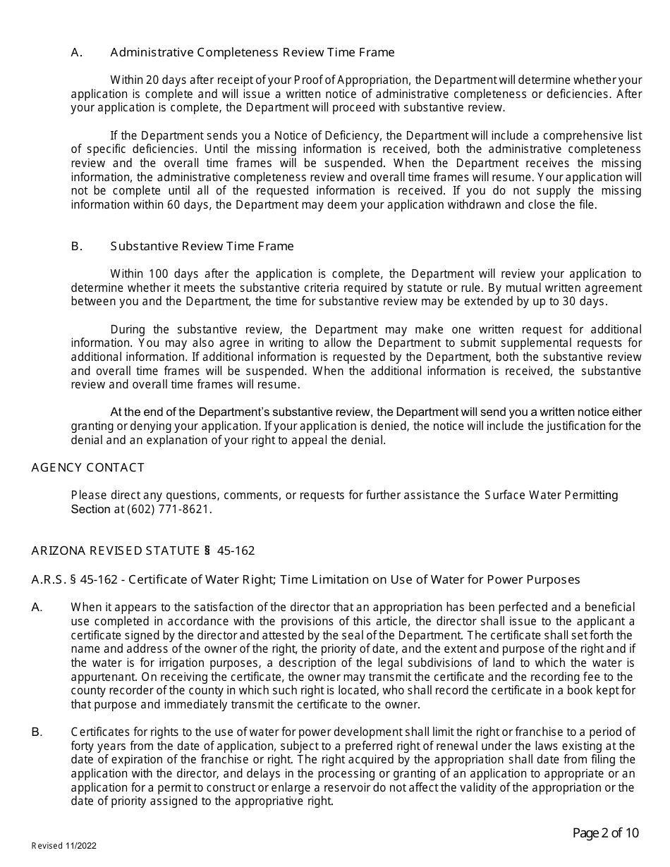 Application for Certificate of Water Right (Proof of Appropriation) of Water - Arizona, Page 2