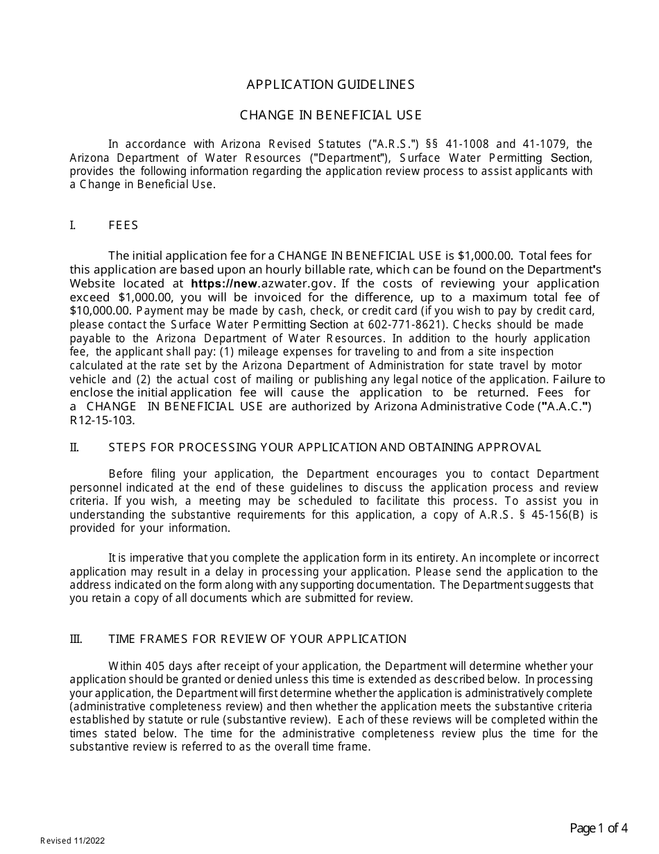 Application for Change in Beneficial Use - Arizona, Page 1