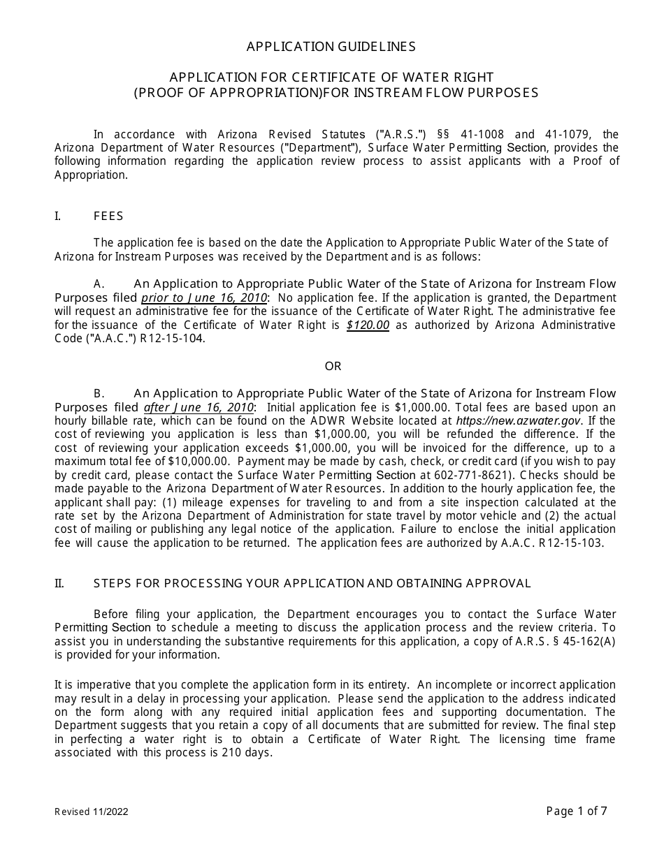 Application for Certificate of Water Right (Proof of Appropriation) of Water for Instream Flow Purposes - Arizona, Page 1