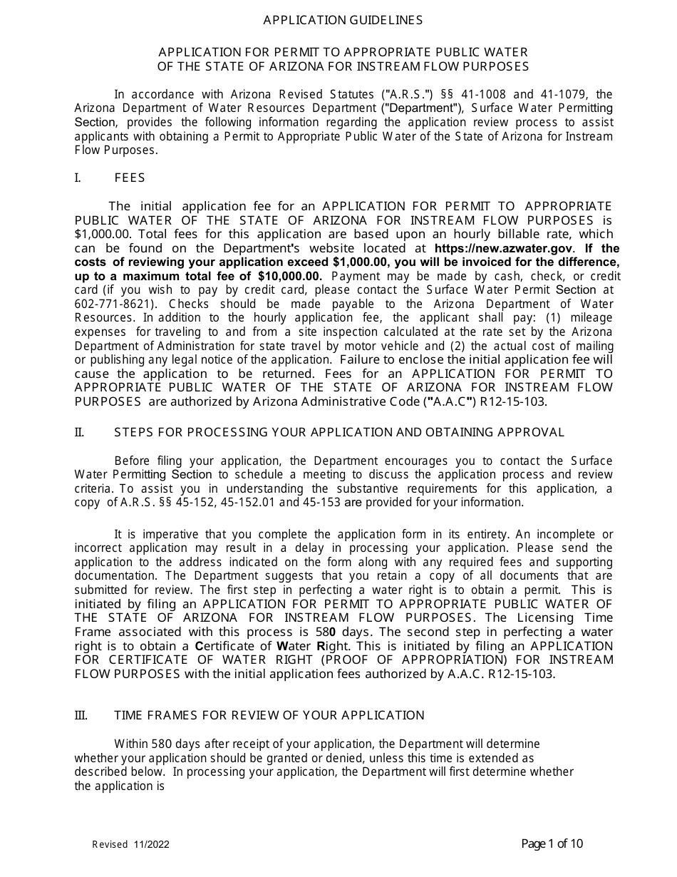 Application for Permit to Appropriate Public Water of the State of Arizona for Instream Flow Purposes - Arizona, Page 1