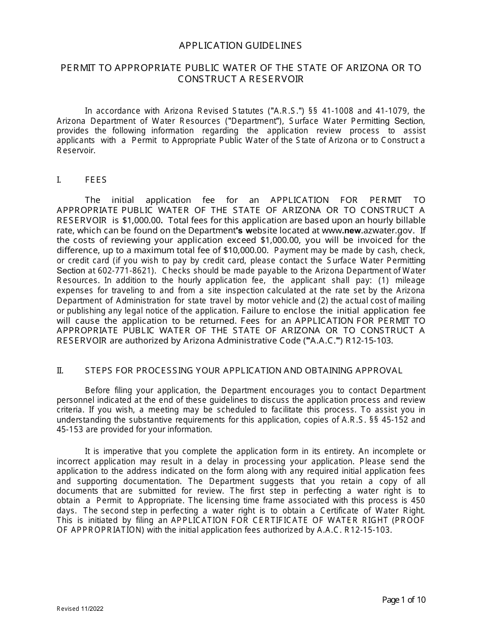 Application for Permit to Appropriate Public Water of the State of Arizona or to Construct a Reservoir - Arizona, Page 1